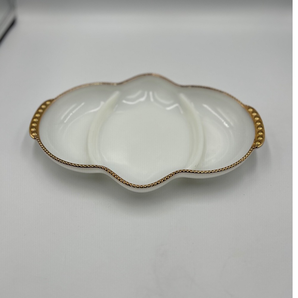 Fire-King Milk Glass Relish Dish Gold Beaded Trim 3 Compartment Divided Tray USA